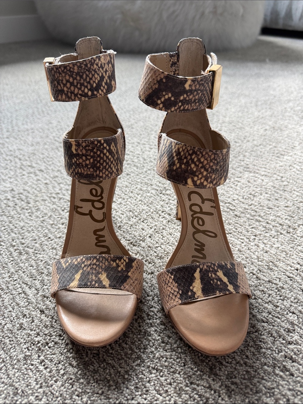 Sam Edelman Tan and Brown Snake-Print Strappy Stiletto Sandals - Picture 2 of 6